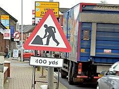 "Road works" sign, Dundonald (December 2014) - geograph.org.uk - 4264065.jpg