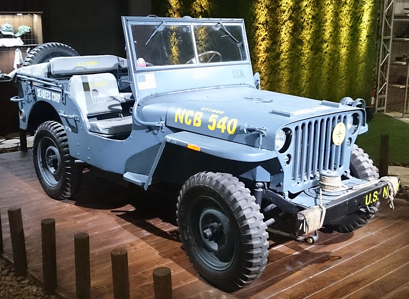 File:" 15 - ITALY - Jeep (Fiat) stand in Milan - Willys MB - US NAVY - Seabees corp - U.S.N. NCB 540 blue convertible 4x4 03.jpg