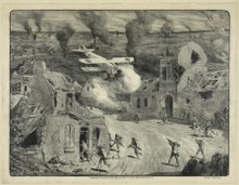 Picture depicting American troops scrambling for cover while being attacked by a low flying German airplane at Vierzy. Picture by Lucien Hector Jonas (1880-1947).