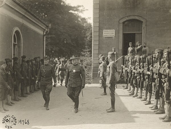 French General Augustin Gérard, commanding the French Eighth Army, accompanied by Major General George B. Duncan, commanding the 77th Division, leavin