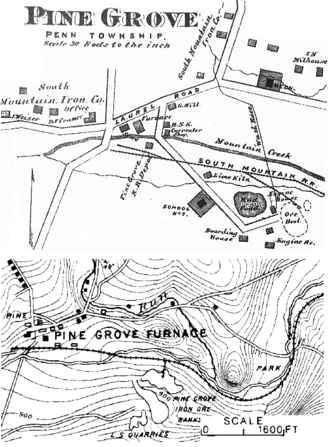 1872 (top) & 1889 maps show the railroad terminus south of the "Mountain Creek" water race channel, while the natural creek flow through the topographic swale was south of the depot and flowed eastward under the RR bridge. The station was at
.mw-parser-output .geo-default,.mw-parser-output .geo-dms,.mw-parser-output .geo-dec{display:inline}.mw-parser-output .geo-nondefault,.mw-parser-output .geo-multi-punct{display:none}.mw-parser-output .longitude,.mw-parser-output .latitude{white-space:nowrap}
40deg01'48''N 77deg18'20''W / 40.0300degN 77.3055degW / 40.0300; -77.3055. 1872 and 1899 Pine Grove Iron Works.png