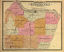 1897 Civil Townships of Cooper County Missouri. Note LaMine Township in the northwest of the map. From p. 7 of "Illustrated Historical Atlas of Cooper County, Missouri" (State Historical Society of Missouri) 1897 Townships in Cooper County from "Illustrated Historical Atlas of Cooper County, Missouri" page 7, 1897.jpg
