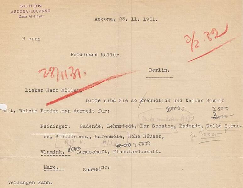 File:1931-11-23 Fritz Schön Briefkopf von Ascona an Ferdinand-Möller in Berlin, Anfrage zum Preis für Gemälde von Lyonel Feininger, Maurice de Vlaminck und Franz Marc.jpg