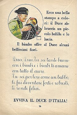 Pàgina 76 del llibre propagandístic Il libro della prima classe amb lloances a Benito Mussolini, de lectura obligada a les escoles italianes de l'època