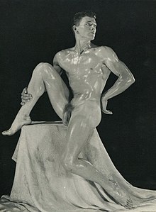 A photograph from Kovert's physique studio. Kovert's photography of male nudes made him a target for police, as such photographs were considered obscene. 1940s Kovert of Hollywood Buck Lewis.jpg