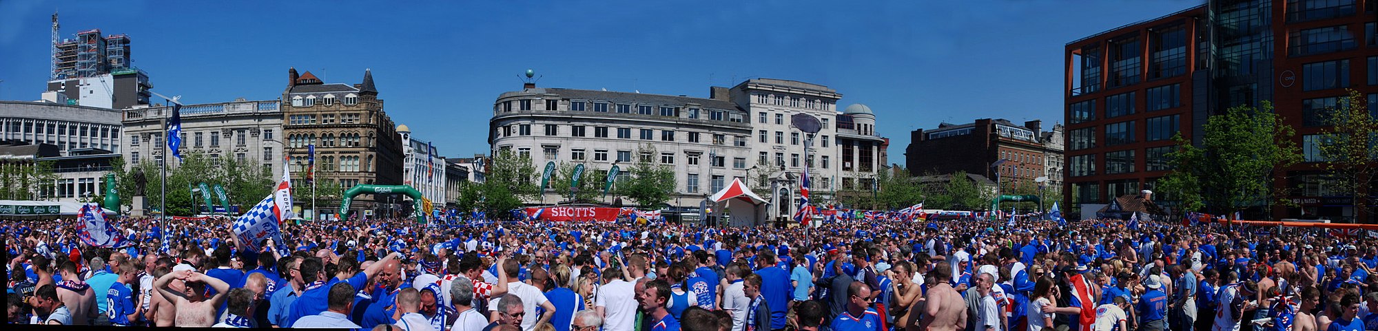 A panorama of Rangers supporters at the 2008 UEFA Cup final, in the Piccadilly Gardens fan zone. This picture was taken during the day before the match against Zenit Saint Petersburg on 14 May 2008.