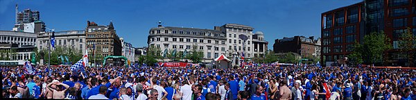 A panorama of Rangers supporters at the 2008 UEFA Cup final, in the Piccadilly Gardens fan zone. This picture was taken during the day before the match against Zenit Saint Petersburg on 14 May 2008. 2008 UEFA Cup Final - Piccadilly Gardens - Rangers.jpg