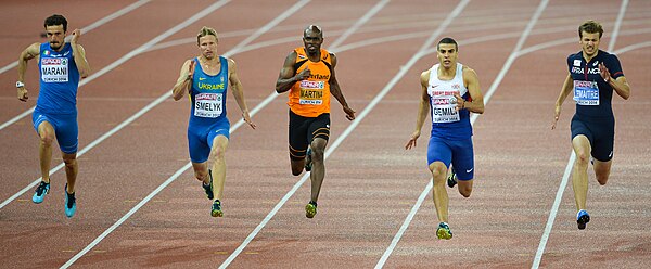 Gemili (second from the right) won his first and only senior major individual title with a 200 m victory at the 2014 European Athletics Championships 