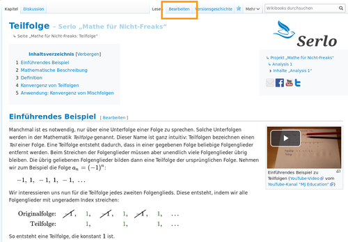 In a new tab we click on „Bearbeiten“ in the German article Mathe für Nicht-Freaks: Teilfolge. An editor pops up and we copy its content into the empty editor of Serlo: EN: Subsequence.