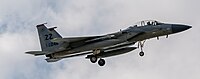 A US Air Force F-15C Eagle, tail number 83-0046, on final approach at Kadena Air Base in Okinawa, Japan