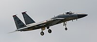 A US Air Force F-15C Eagle, tail number 81-0034, on final approach at Kadena Air Base in Okinawa, Japan. It is assigned to the 67th Fighter Squadron at Kadena AB.