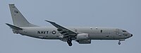 A US Navy P-8 Poseidon, tail number 168756, on final approach at Kadena Air Base in Okinawa, Japan.