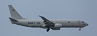 A US Navy P-8 Poseidon, tail number 168756, on final approach at Kadena Air Base in Okinawa, Japan.