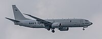 A US Navy P-8 Poseidon, tail number 168429, on final approach at Kadena Air Base in Okinawa, Japan.