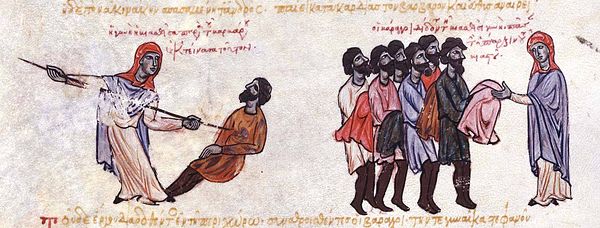 An illumination of a scene from the Skylitzes Chronicle, depicting a Thracesian woman killing a Varangian who tried to rape her, whereupon his comrade