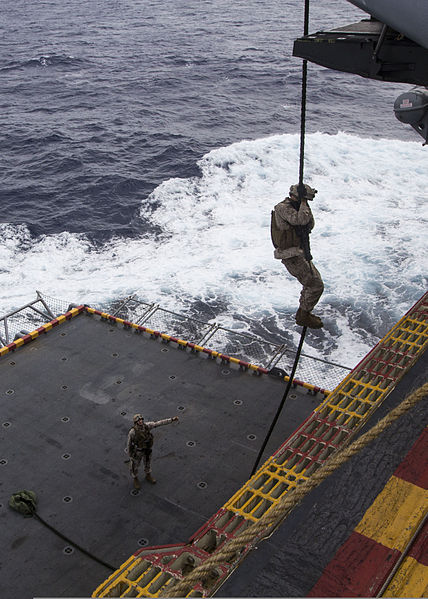 File:A U.S. Marine assigned to the 26th Marine Expeditionary Unit (MEU) maritime raid force participates in fast rope training from an MV-22B Osprey tiltrotor aircraft aboard the amphibious assault ship USS Kearsarge 130319-M-BS001-047.jpg