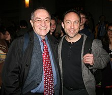 Alan Dershowitz and Jimmy Wales at Yale University in 2009 Alan Dershowitz and Jimmy Wales, 2009-10-07.jpg