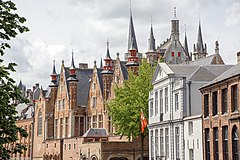 Steenhouwers Canal with the Belfry and spires of the Stadhuis