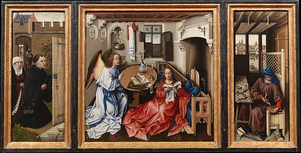 Robert Campin and workshop, Mérode Altarpiece. Dimensions: overall (when open), 25 3/8 × 46 3/8 in.; central panel, 25 1/4 × 24 7/8 in.; each wing, 25