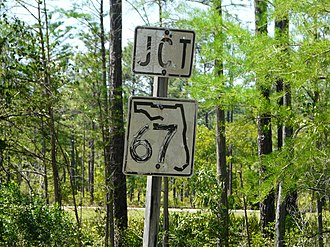 Junction FL-67 sign remaining on FH-13. Apalachicola National Forest FH-13 sign for FL-67 - 1 April 2020.jpg