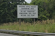 A quarantine sign on State Route 522 near Woodinville, Washington Apple Maggot Quarantine Area sign on SR 522 near Woodinville, WA.jpg