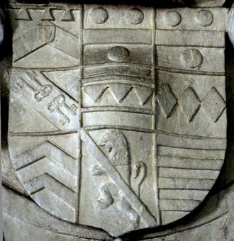 Quartered arms of Sir Edmund Prideaux, 1st Baronet (died 1628), of Netherton on his monument in Farway Church, quarterly of 9: Prideaux, de Adeston (2&3), Spencer of Spencer Combe, Hody of Spencer Combe, Giffard, Esse of Thuborough, unknown (lion rampant), Poyntz Armorials SirEdmondPrideaux 1stBaronet Died1628 FarwayChurch Devon.PNG