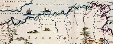 Tolkien's Corsairs were inspired by the Barbary Pirates or Corsairs of the North African coast. Map by Jan Janssonius, c. 1650 Atlas Van der Hagen - Barbary Coast.jpeg