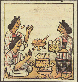Scene from the Florentine Codex show food in baskets Aztec feast 2.jpg