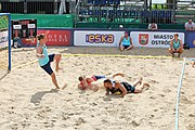 Deutsch: Beachhandball Europameisterschaften 2019 (Beach handball Euro); Tag 2: 3. Juli 2019 – Männer, Vorrunde Gruppe A, Spanien-Norwegen 1:2 (22:26, 28:22, 8:10) English: Beach handball Euro; Day 2: 3 July 2019 – Men Preliminary Round Group A - Spain-Norway 1:2 (22:26, 28:22, 8:10)