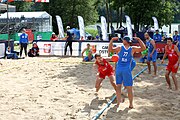 Deutsch: Beachhandball Europameisterschaften 2019 (Beach handball Euro); Tag 2: 3. Juli 2019 – Männer, Vorrunde Gruppe B, Slowenien-Serbien 1:2 (16:20, 19:18, 6:7) English: Beach handball Euro; Day 2: 3 July 2019 – Men Preliminary Round Group B – Slovenia-Serbia 1:2 (16:20, 19:18, 6:7)