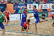 Deutsch: Beachhandball Europameisterschaften 2019 (Beach handball Euro); Tag 5: 6. Juli 2019 – Männer, Halbfinale, Dänemark-Ungarn 2:0 (19:16, 22:18) English: Beach handball Euro; Day 5: 6 July 2019 – Semifinal Men – Denmark-Ukraie 2:0 (19:16, 22:18)