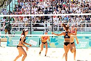 Deutsch: Beachvolleyball bei den Olympischen Jugendspielen 2018; Tag 9, 15. Oktober 2018; Mädchen, Viertelfinale: USA-Spanien 2–1 (21–19/17–21/15–9) English: Beach volleyball at the 2018 Summer Youth Olympics at 15 October 2018 – Girls Quarterfinals: USA-Spain 2–1 (21–19/17–21/15–9)