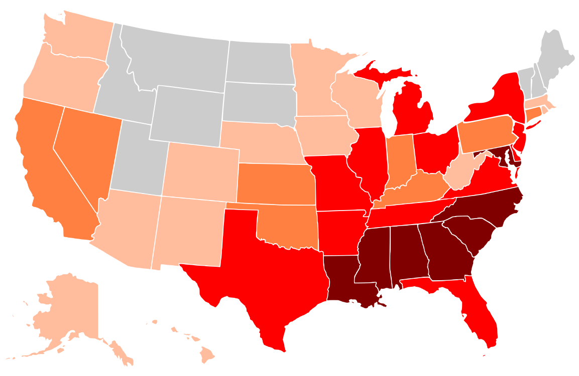 A map of the black percentage of the U.S. population by each state/territory in 1990.Black = 35.00+%Brown = 20.00–34.99%Red = 10.00–19.99%Orange = 5.00–9.99%Light orange = 1.00–4.99%Gray = 0.99% or lessPink = No data available