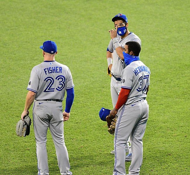 File:Blue Jays outfielders discussion Washington Nationals vs. Toronto Blue Jays at Nationals Park, July 27, 2020 (All-Pro Reels Photography) (50161531796).jpg