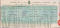 A British consular marriage certificate, issued by the General Register Office for England and Wales under the provisions of the Foreign Marriage Act 1892. British Consular Marriage Certificate.jpg