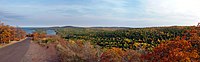 Panorama of Lake Superior and surrounding woodland from atop Brockway Mountain Drive