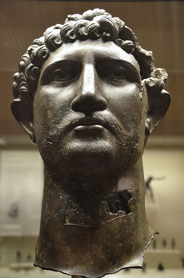 Bronze head of Hadrian, who commissioned the wall's construction, found in 1834 in the River Thames in London, around 280 miles (450 km) south of Hadr