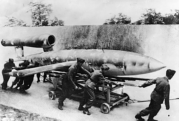 A V-1 flying bomb, amongst the first guided missiles