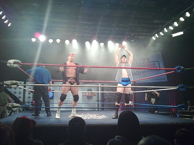 Cade (left) and Murdoch (right) at an NWA Championship Wrestling From Hollywood taping.