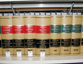 A few volumes of the journals of each house (Senate is red; Assembly [lower chamber] is green). Californialegislaturejournals.jpg