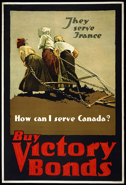 The same poster in English, with subtle differences in text. "They serve France—How can I serve Canada? Buy Victory Bonds".