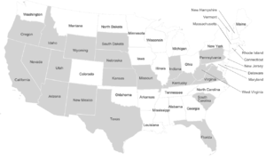 Map of contiguous US states shaded gray where dire wolf remains have been found Canis dirus findings USA.png