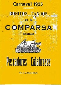 1925 book of songs by the Pescadores Calabreses comparsa from the Carnival of Malaga, Spain. Carnaval de Malaga 1925 comparsa Pescadores Calabreses Bonitos Tangos.jpg