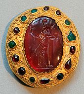 Carnelian intaglio with a Ptolemaic queen, Hellenistic artwork, Cabinet des Medailles Carnelian intaglio Prolemaic queen CdM Paris.jpg