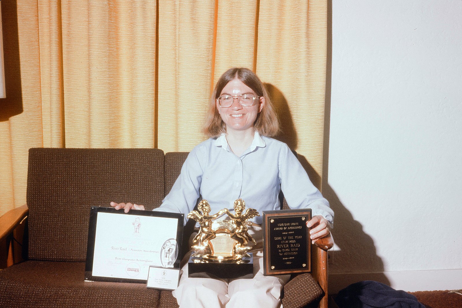 Carol Shaw with awards for her game designs; women in programming