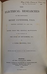 Title page of a 1879 copy of "The Electrical Researches of the Honourable Henry Cavendish F.R.S," edited by Maxwell