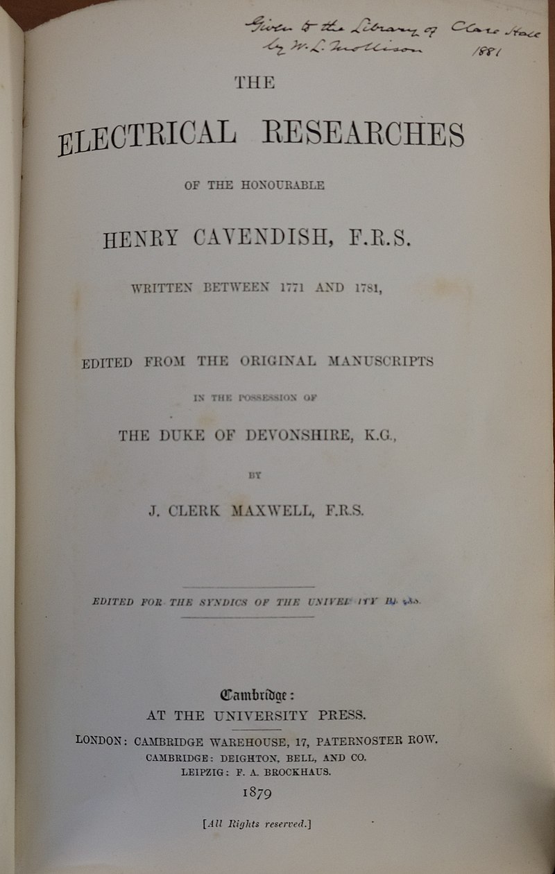 Title page of a 1879 copy of "The Electrical Researches of the Honourable Henry Cavendish F.R.S"