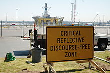 Satirical sign at Jack Block Park by Seattle artist Jack Daws Critical reflective discourse free zone.jpg