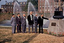 Mayor Resnic dedicates Holyoke Water Power Park, with a "Hercules" turbine wheel seen here, along with Robert E. Barrett, and William Skinner II, September 9, 1960 Dedication of Holyoke Water Power Park, 1960.jpg