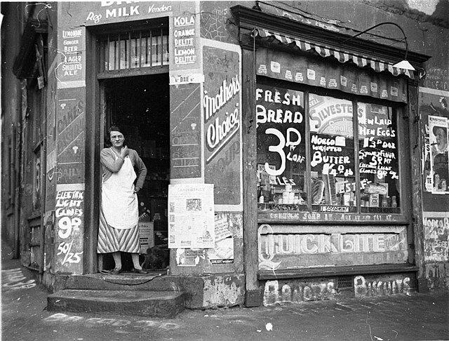 A corner grocery store during the Great Depression, Riley & Fitzroy Streets, Surry Hills, Sydney, 21 August 1934